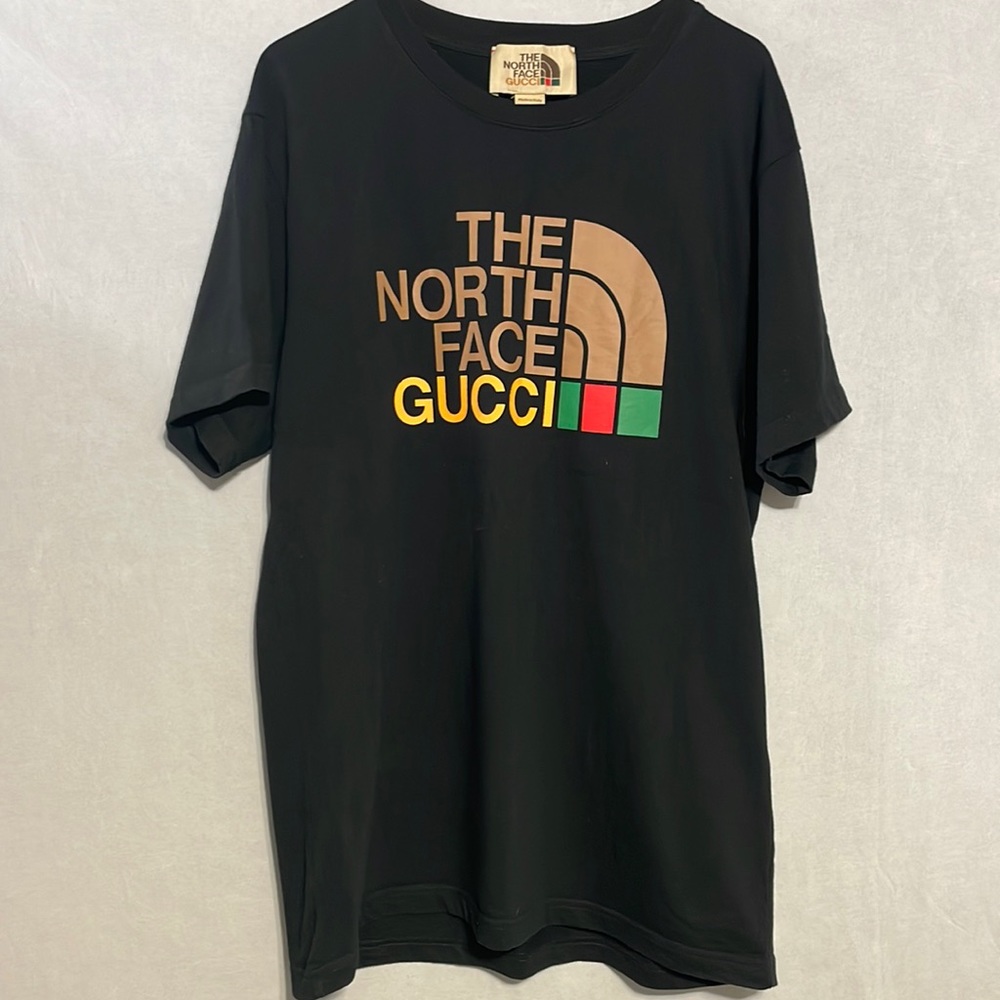 Gucci x The North Face Black T-Shirt with Brown, Yellow, Red & Green Logo